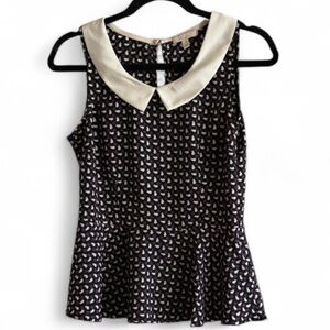 Monteau navy floral bunny print peplum Peter Pan collar sleeveless blouse size M